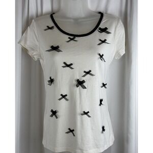 Ann Taylor Top Small Bows White Black Trim Short Sleeve S coquettish 56-15